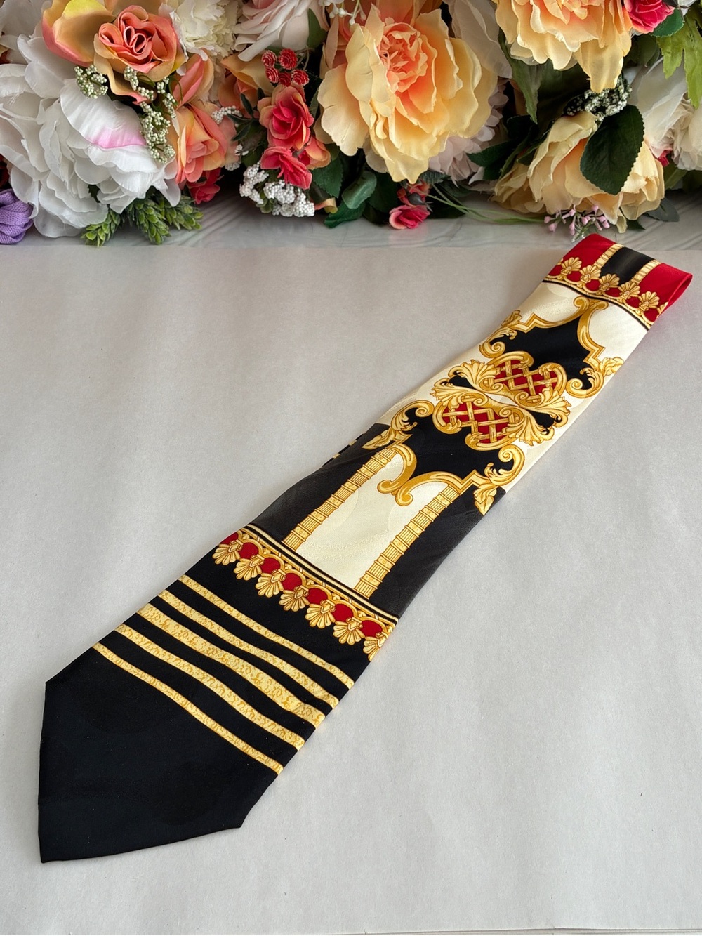 Di Maggio Baroque Silk Tie Black Gold Red Ivory Handmade Korea 60 Inch Vintage
